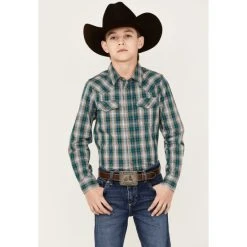 New ???? Cody James Boys' Plaid Print Long Sleeve Snap Western ???? Shirt Blue ????