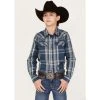 Cheap ???? Cody James Boys' Plaid Print Long Sleeve Western Snap ???? Shirt Navy ????