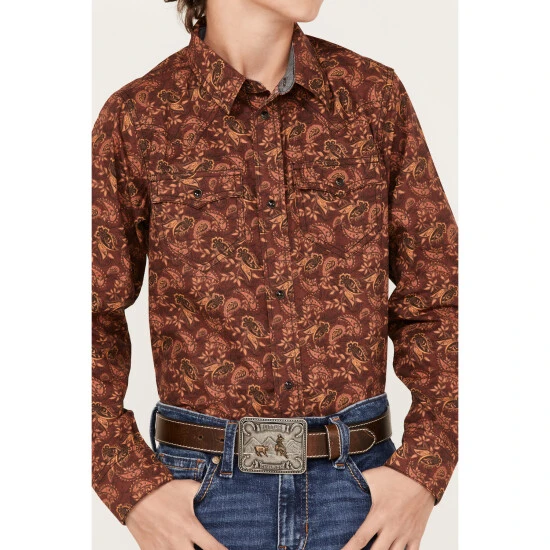 Hot Sale ???? Cody James Boys' Paisley Print Long Sleeve Western Snap ???? Shirt Burgundy ???? 3 Hot Sale ???? Cody James Boys' Paisley Print Long Sleeve Western Snap ???? Shirt Burgundy ???? - Image 3