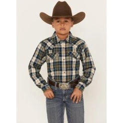 Promo ???? Cody James Boys' Plaid Print Long Sleeve Snap Western Flannel ???? Shirt Tan ????