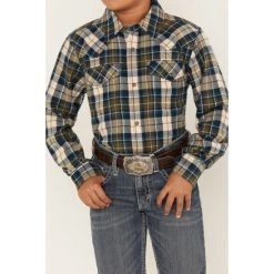 Promo ???? Cody James Boys' Plaid Print Long Sleeve Snap Western Flannel ???? Shirt Tan ???? -Cody James -shop unnamed file 1742