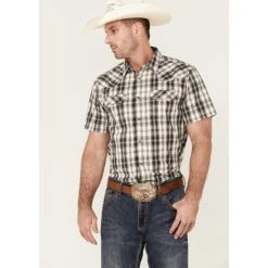 Outlet ???? Cody James Men's Statement Dobby Plaid Short Sleeve Snap Western ???? Shirt White ⭐