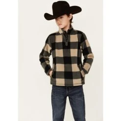 Outlet ✨ Cody James Boys' Tan Lumber Jack Buffalo Check 1/4 Zip Polar Fleece Pullover ????