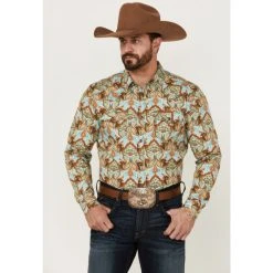 Best Sale ???? Cody James Men's Rushmore Print Long Sleeve Snap Western ???? Shirt Turquoise ❤️