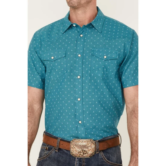 Outlet ???? Cody James Men's Field Day Chambray Geo Print Short Sleeve Snap Western ???? Shirt Blue ✨ 3 Outlet ???? Cody James Men's Field Day Chambray Geo Print Short Sleeve Snap Western ???? Shirt Blue ✨ - Image 3