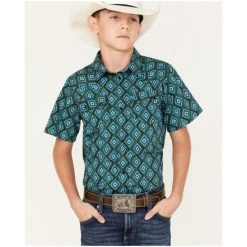Cheapest ✨ Cody James Boys' Diamond Geo Print Short Sleeve Western Snap ???? Shirt Dark Green ????
