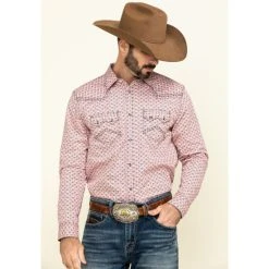 Best Sale ???? Cody James Men's Basket Case Geo Print Long Sleeve Western ???? Shirt Coral ❤️