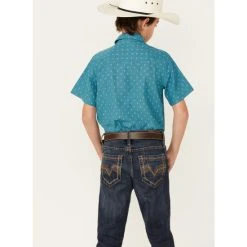 Budget ✨ Cody James Boys' Field Day Chambray Geo Print Short Sleeve Snap Western ???? Shirt Blue ???? -Cody James -shop unnamed file 4593