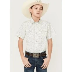 Promo ???? Cody James Boys' Wallpaper Print Short Sleeve Western Snap ???? Shirt Cream ????